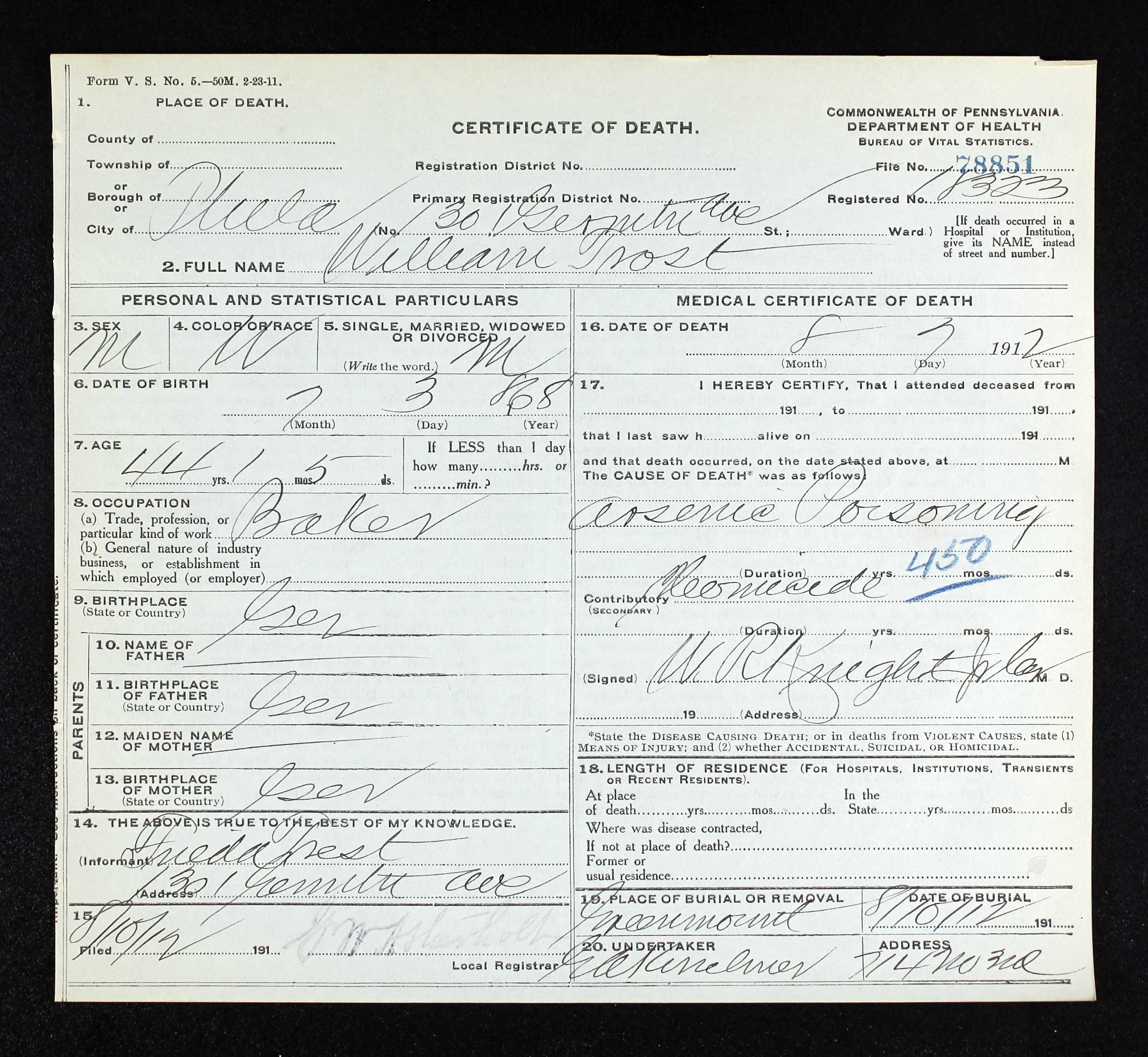 Death Certificate of William Trost