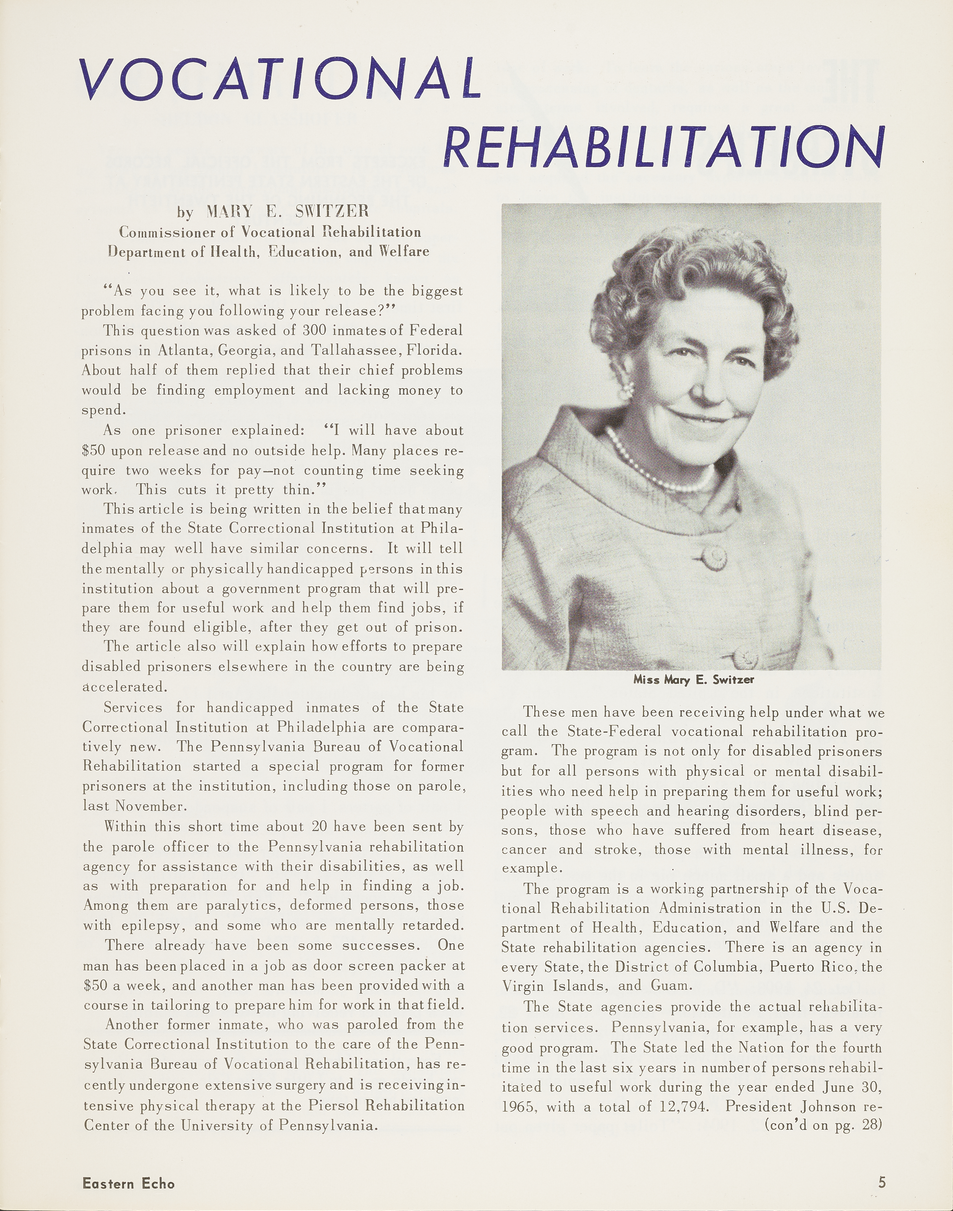 This is an article entitled Vocational Rehabilitation from the Eastern Echo