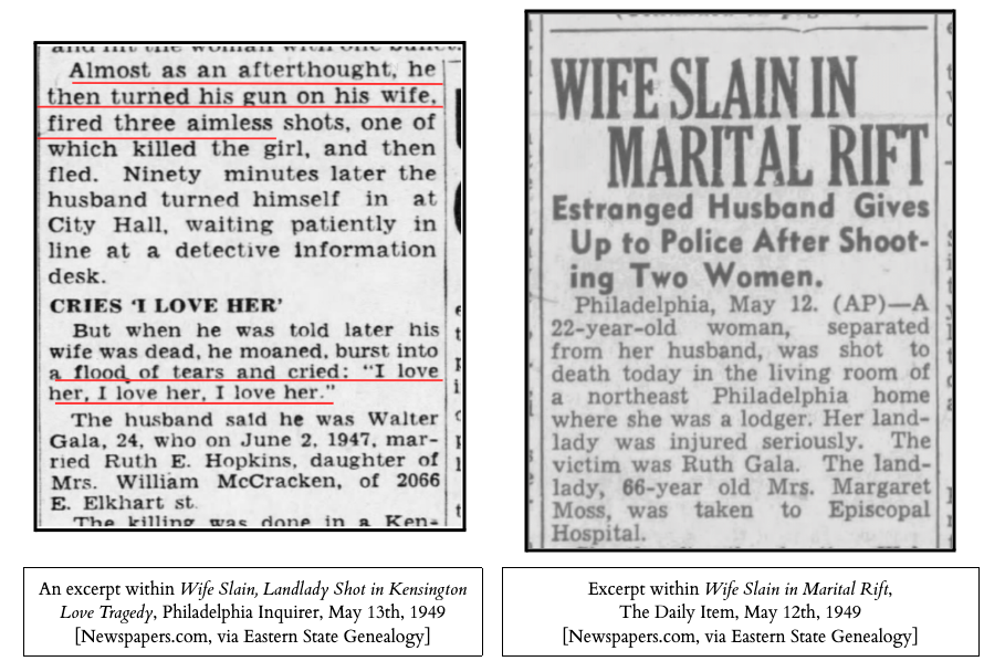 An excerpt within Wife Slain, Landlady Shot in Kensington Love Tragedy, Philadelphia Inquirer, May 13th, 1949 and excerpt within Wife Slain in Marital Rift, The Daily Item, May 12th, 1949